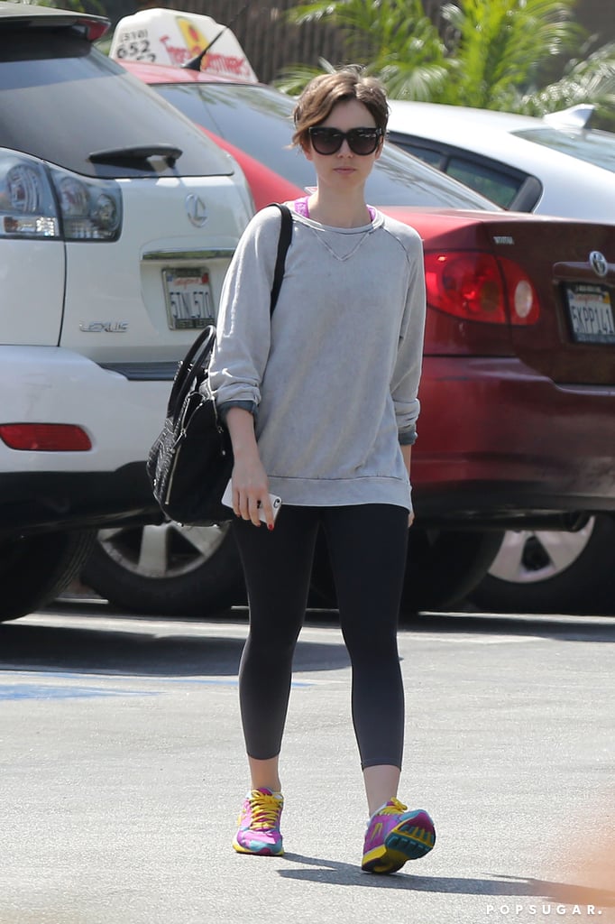 Lily Collins, who is reportedly dating Chris Evans, was ready for the gym in LA on Friday.