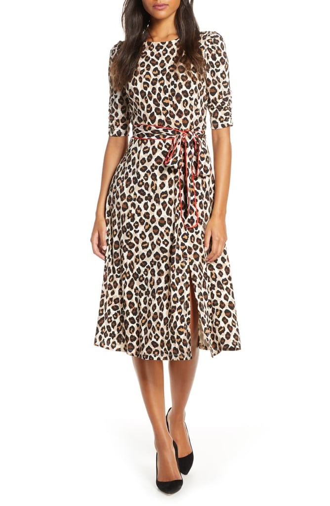 Eliza J Leopard Print Piped Sash Midi Dress