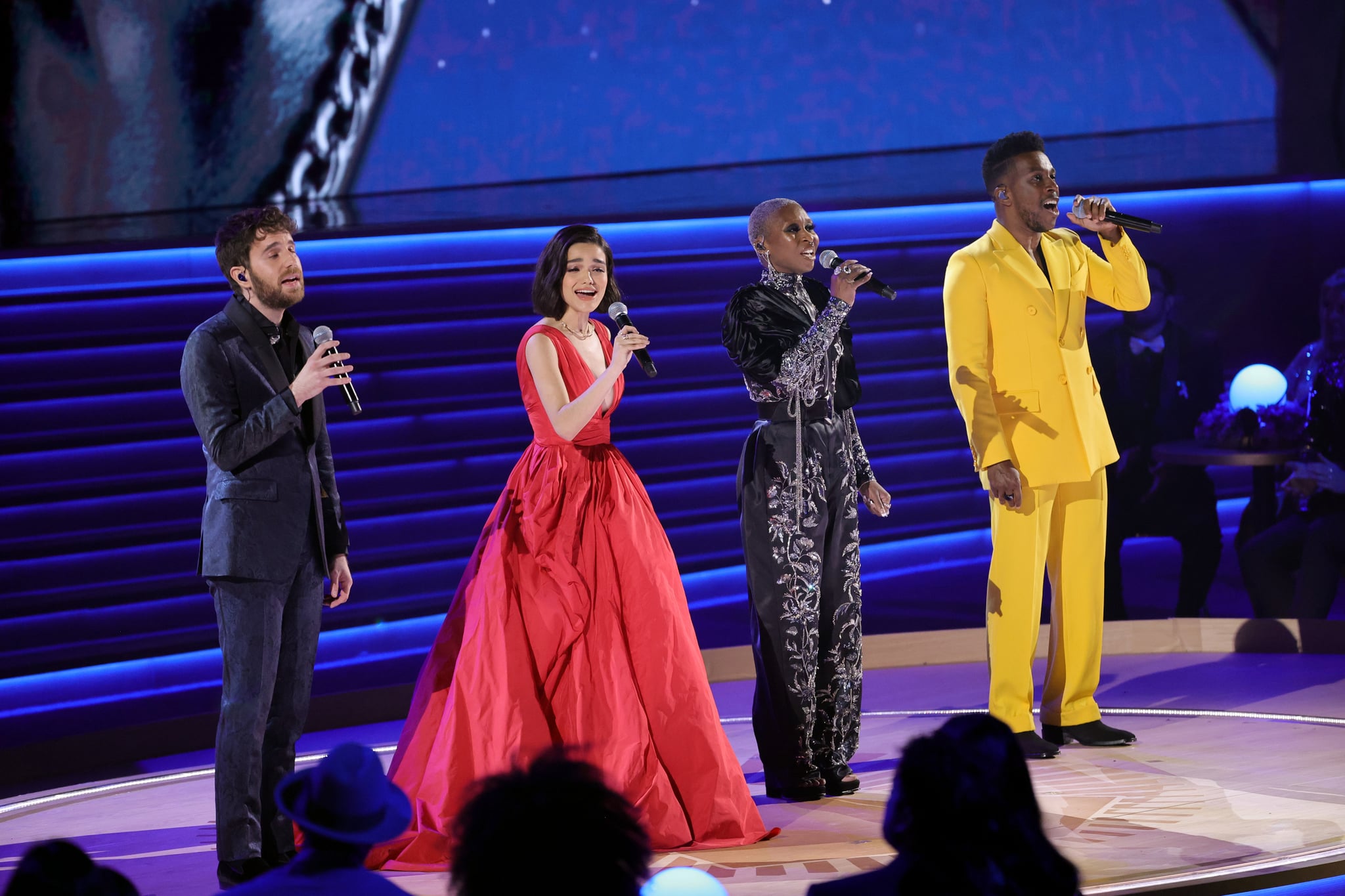 LAS VEGAS, NEVADA - APRIL 03: (L-R) Ben Platt, Rachel Zegler, Cynthia Erivo, and Leslie Odom Jr. perform onstage during the In Memoriam tribute at the 64th Annual GRAMMY Awards at MGM Grand Garden Arena on April 03, 2022 in Las Vegas, Nevada. (Photo by Matt Winkelmeyer/Getty Images)