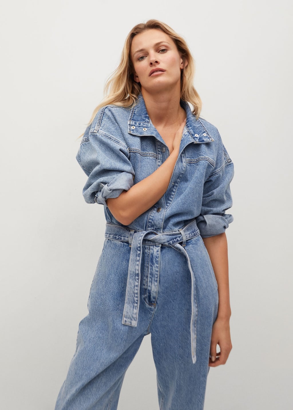 MANGO Long Denim Jumpsuit in Medium Blue | Endource