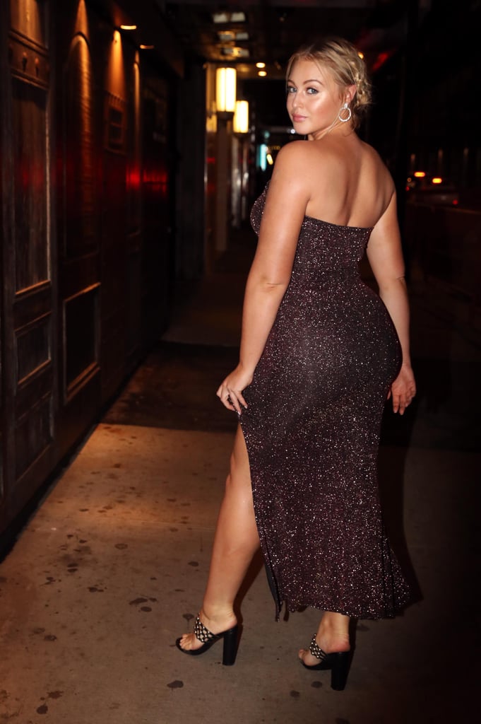 Iskra Lawrence Glitter Dress With Slit and Studded Mules