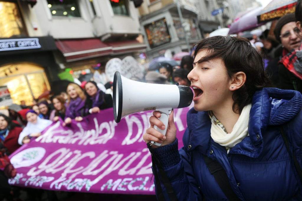 A woman shouted through a megaphone during a march in Istanbul on International Women's Day.