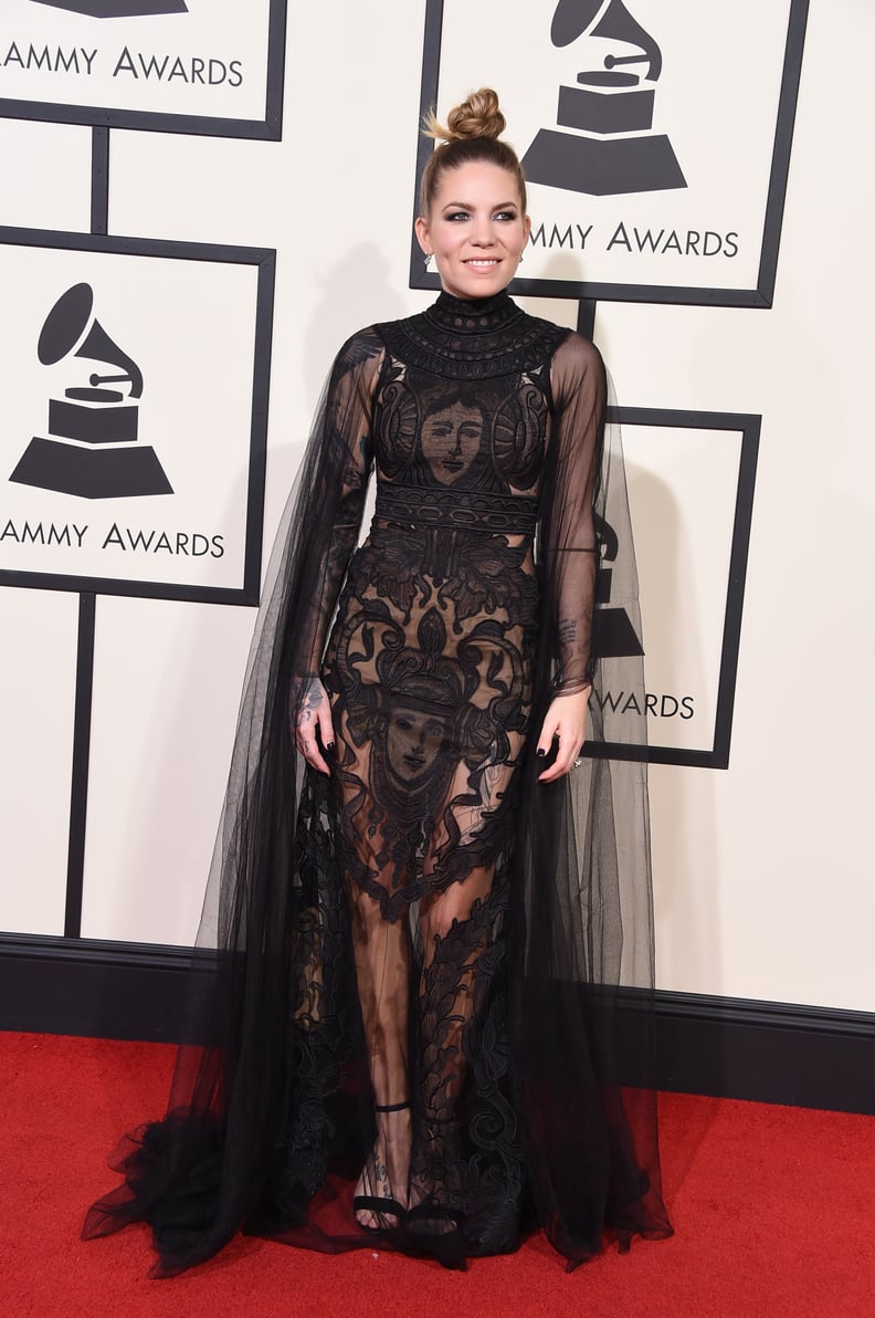 Skylar Grey in a modest sheer, embroidered gown