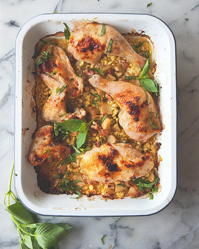 Roast Chicken With Corn, Bacon, and Basil
