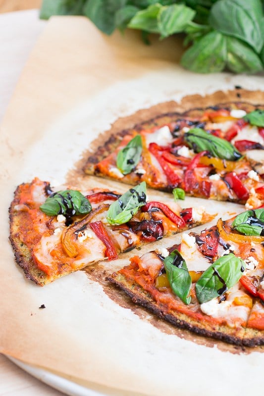 Sautéed Pepper, Goat Cheese, and Basil Pizza on Cauliflower Crust