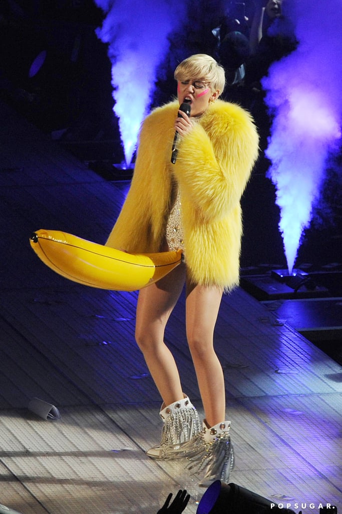 Miley Cyrus performed in a banana costume at the Ziggo Dome in Amsterdam for the final date of her European Bangerz tour on Sunday.