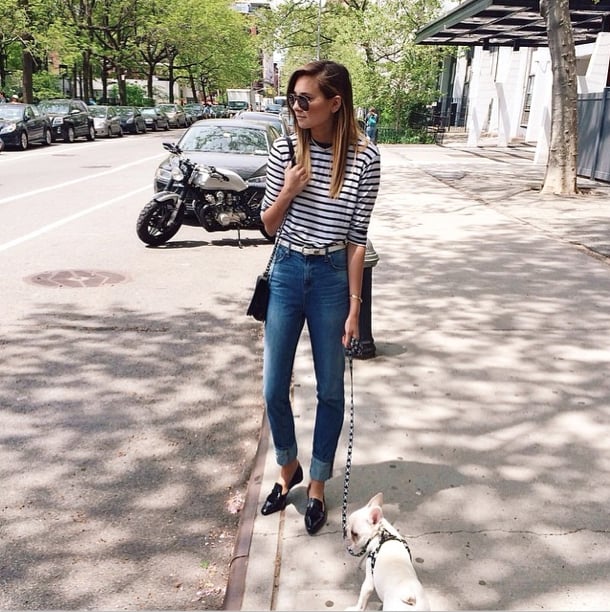 Play right into the classic feel of your stripes with high-waisted denim and a pair of chic flats. 
Source: Instagram user weworewhat