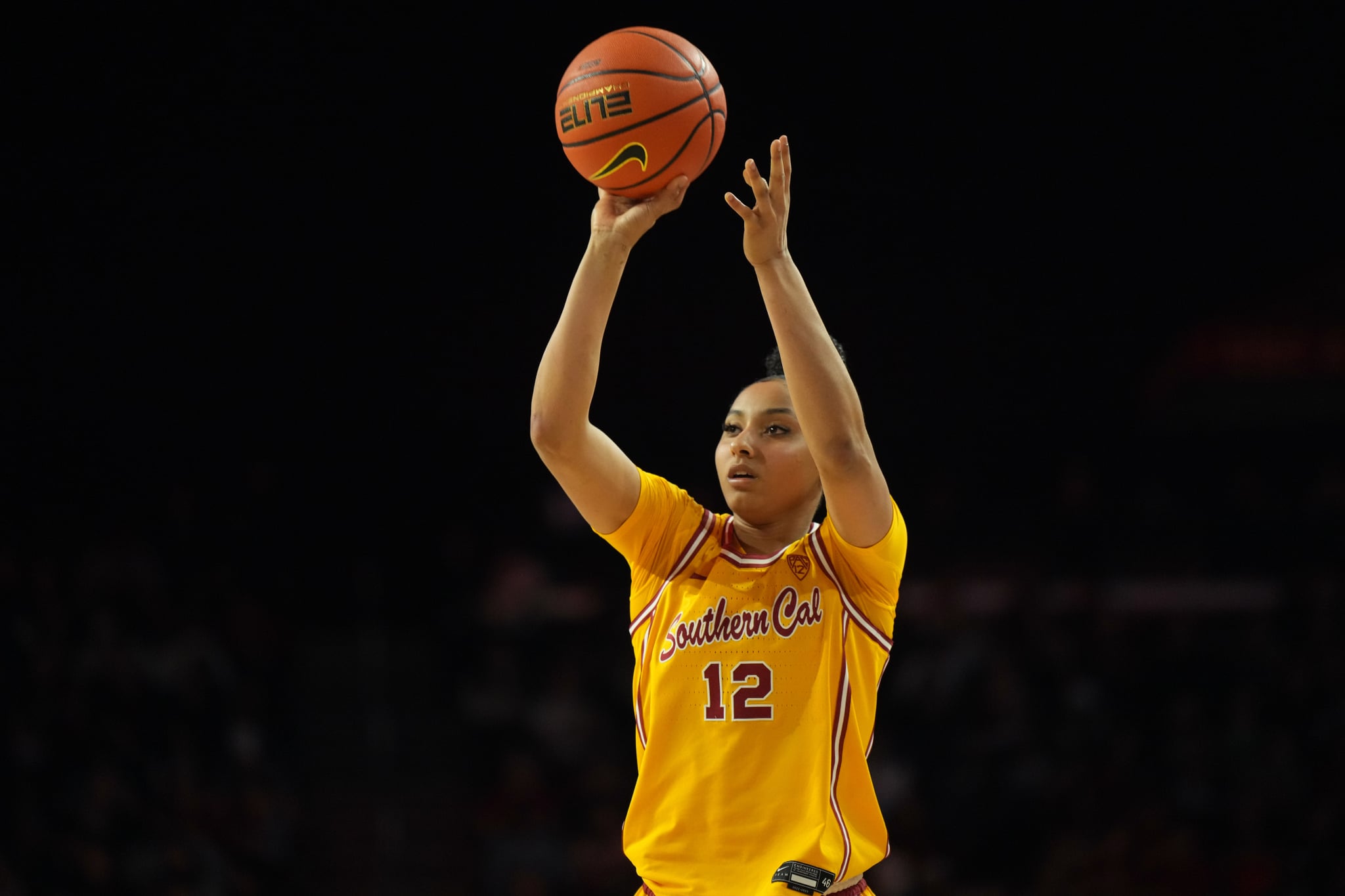 LOS ANGELES, CALIFORNIA - FEBURARY 23: Southern California Trojans guard JuJu Watkins (12) shoots the ball during a NCAA college women's basketball game against the Colorado Buffaloes on February 23, 2024 in Los Angeles, California. USC defeated Colorado 87-81. (Photo by Kirby Lee/Getty Images)