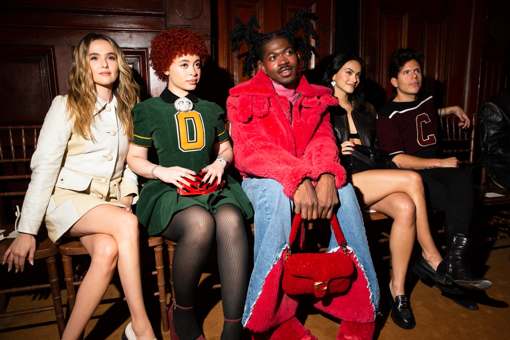 Zoey Deutch, Ice Spice, Lil Nas X, Camila Mendes and Rudy Mancuso in the front row at Coach Fall 2023 Ready To Wear Fashion Show at Park Avenue Armory on February 13, 2023 in New York, New York. (Photo by Lexie Moreland/WWD via Getty Images)