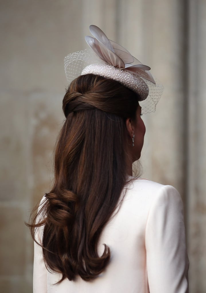 Kate Middleton took care to match her nude embellished hat to her dress.