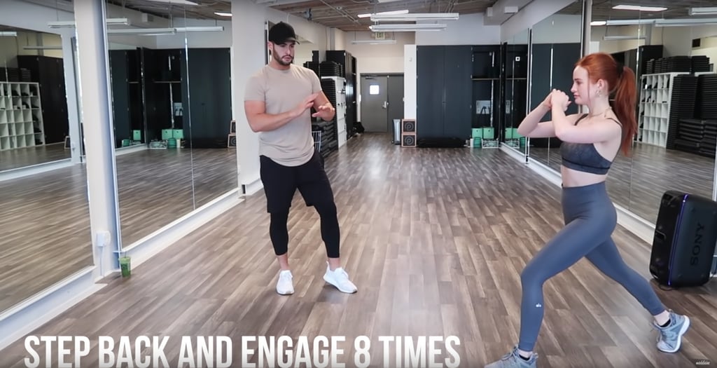Step backward and forward with one foot while engaging your booty. Do this move eight times. Step backward and forward with one foot while engaging your booty. Do this move eight times.