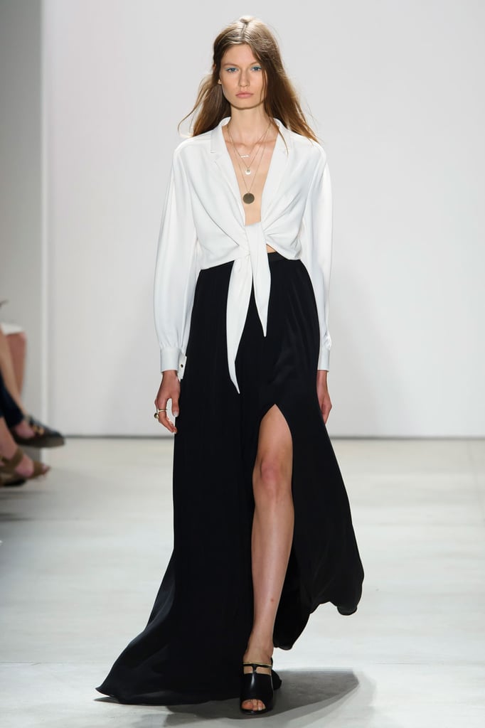 A knotted button-down and a sexy slit skirt.