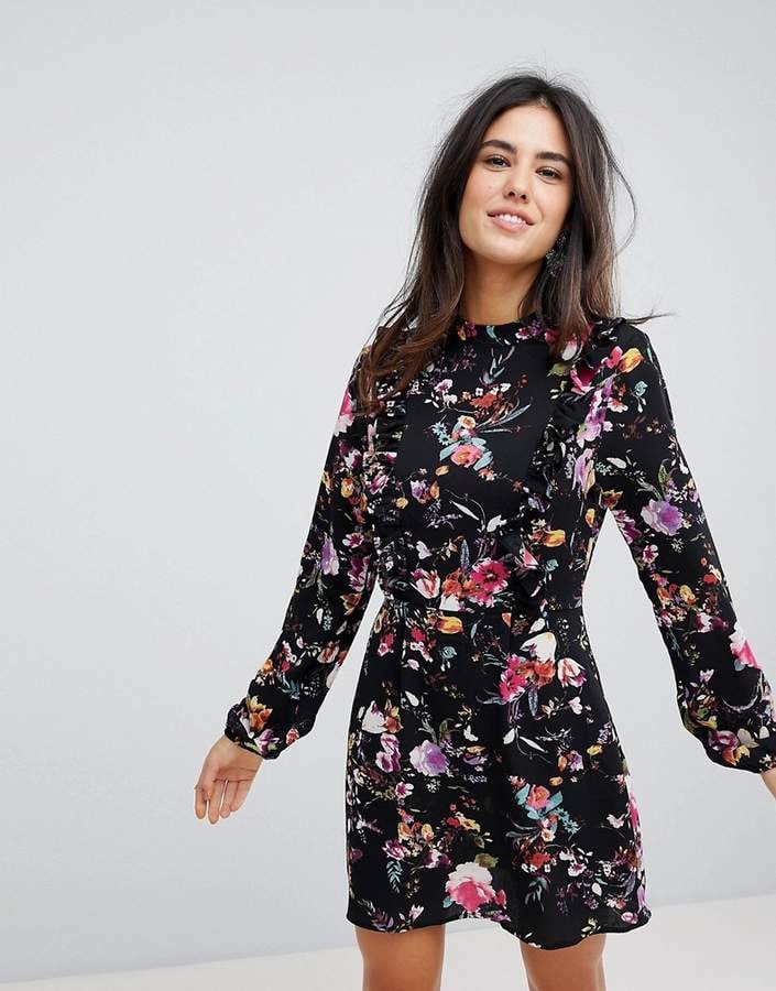 AX Paris Long Sleeve Floral Shift Dress With Frill Detail