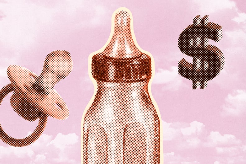 collage of a pacifier, baby bottle, and dollar sign