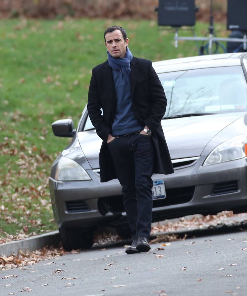 Justin Theroux — who plays Tom, the ex of Emily Blunt's character — was first spotted on set bundled up in November.