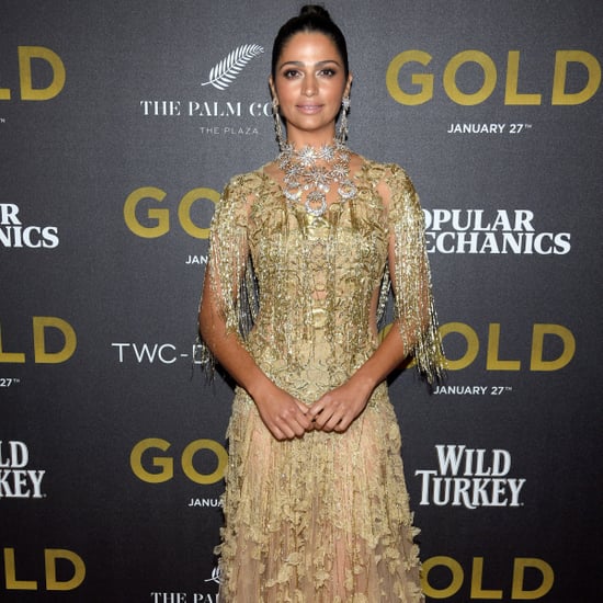 卡米拉·阿尔维斯的玛切萨黄金礼服在纽约首映