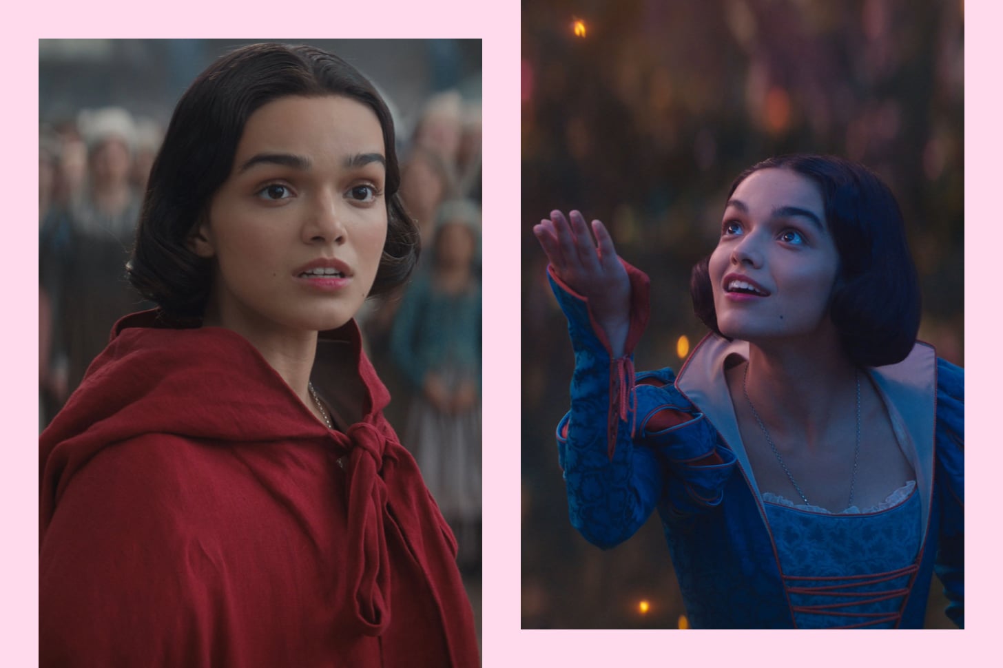 A side-by-side image shows two production stills of Rachel Zegler as Snow White in the live-action remake of the film.