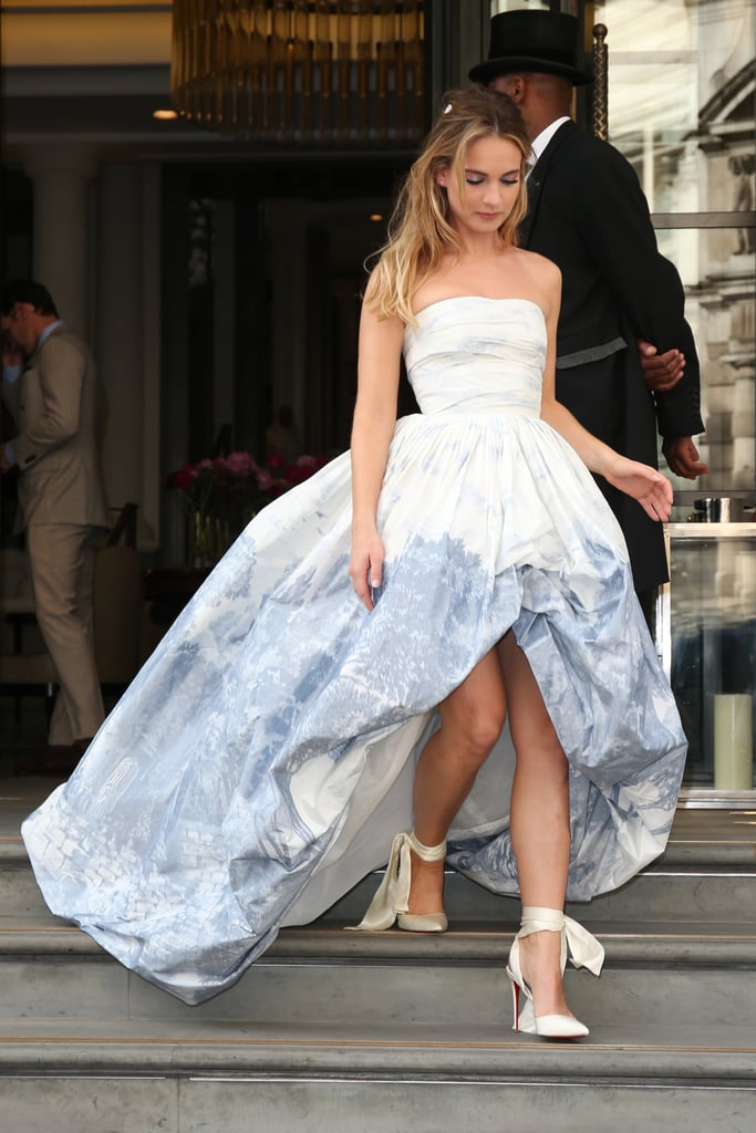 Lily James's Oscar de la Renta Ball Gown and Ribbon Heels