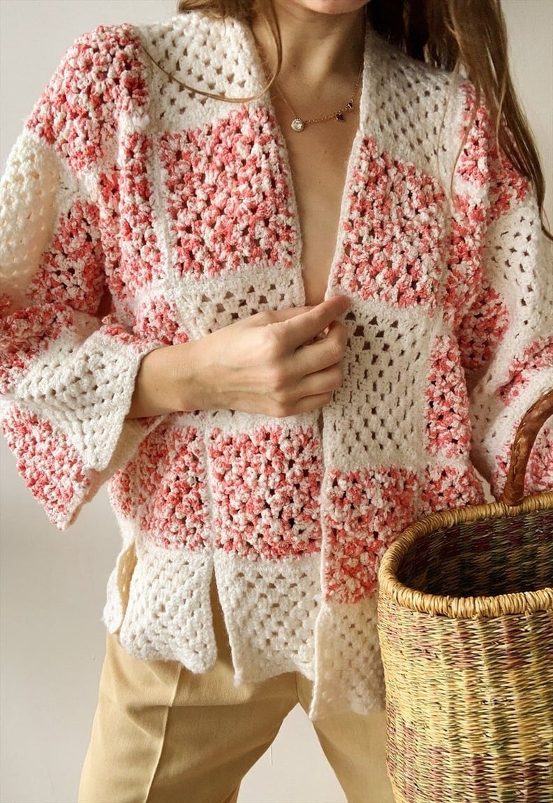 Etsy Vintage 70s Crochet Boho Open Front Knit Cardigan Kimono