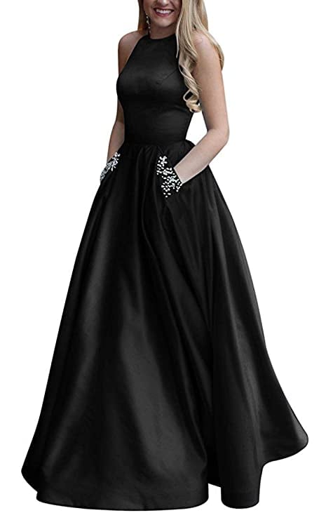 Gricharim Long Beaded Halter Satin Prom Dress