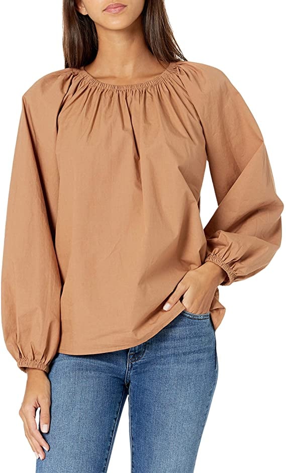 The Drop Florence Loose Gathered Neck Balloon-Sleeve Poplin Top