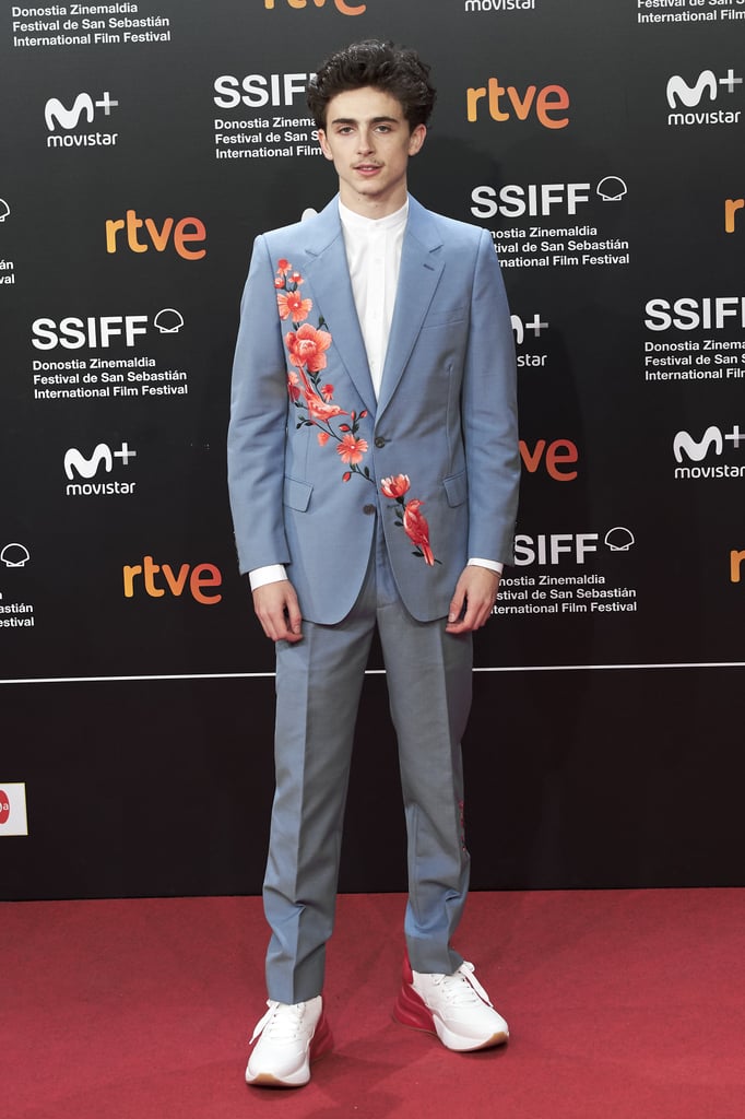 In another one of his signature suit-and-sneaker combinations, Timothée wore this floral Alexander McQueen suit to the Beautiful Boy Premiere during the San Sebastian International Film Festival in 2018.