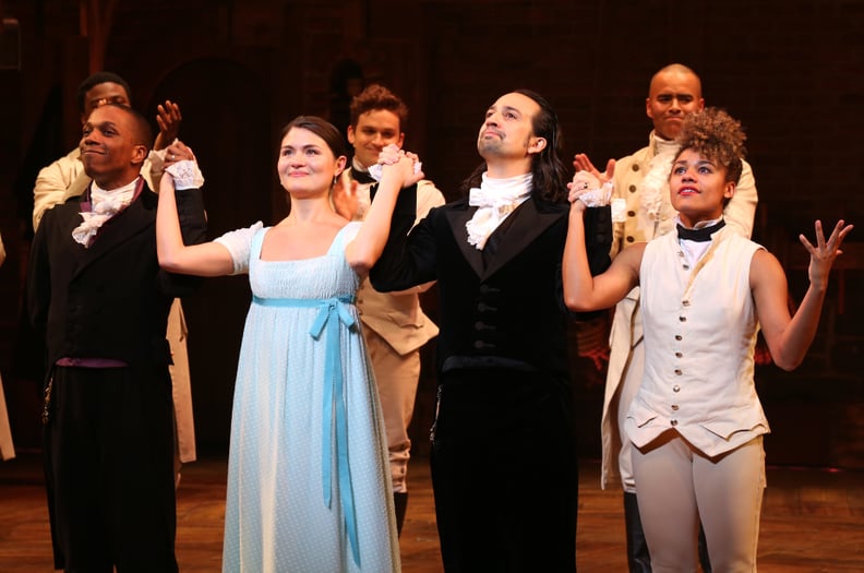 NEW YORK, NY - JULY 09:  Leslie Odom Jr., Phillipa Soo and Ariana DeBose with Lin-Manuel Miranda during their final performance curtain call of 'Hamilton' on Broadway at Richard Rodgers Theatre on July 9, 2016 in New York City.  (Photo by Walter McBride/W