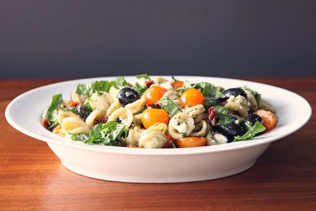 Bench: Greasy Pizza
Start: Pasta Salads
Pizza can pack in more than 300 calories a slice, so for something Italian that’s lighter, make a Mediterranean pasta salad or my favorite Pasta Caprese Salad Skewers for an appetizer. They’re a delicious twist on a Caprese salad that are sure to be the MVP of your party. Pasta is also a good choice because it’s a low-glycemic complex carbohydrate that helps keep blood sugar levels steady and helps keep you fuller longer.