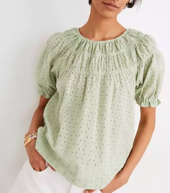 Madewell Daisy Embroidered Shirred Puff-Sleeve Top