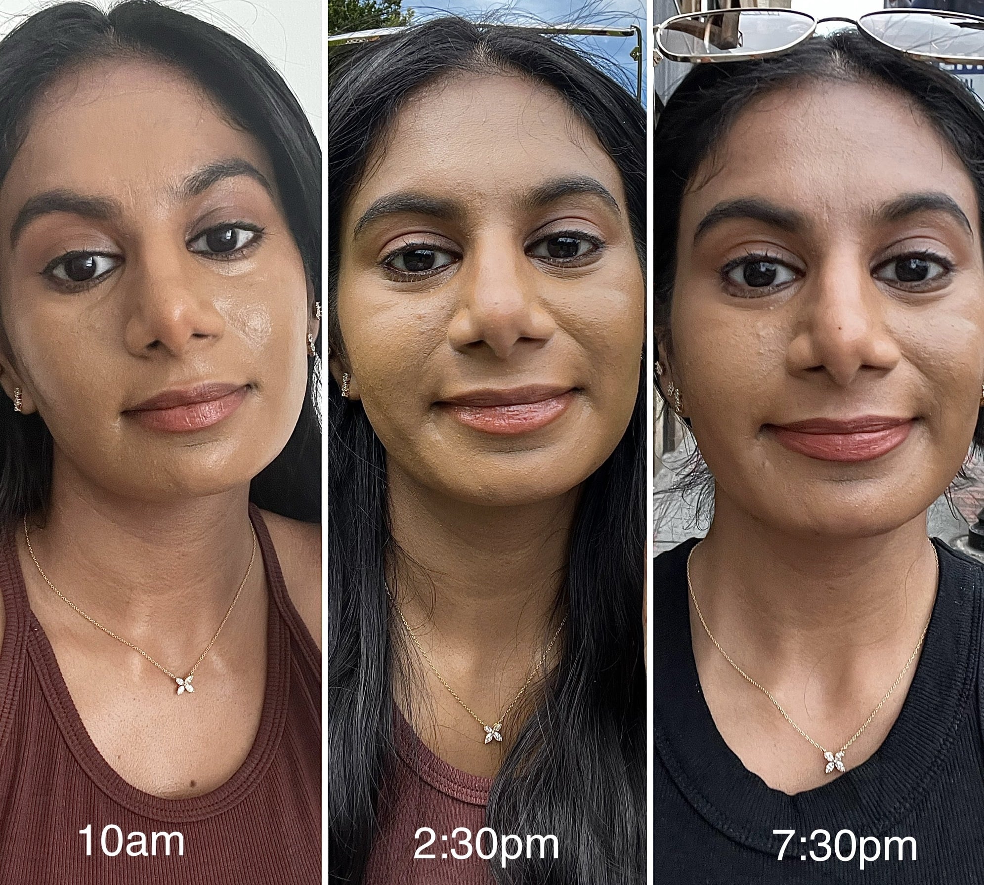 Mujer que muestra los efectos duraderos del MAC Cosmetics Fix+ Stay Over Alcohol-Free 16HR Setting Spray a través de selfies de imágenes de progresión de maquillaje.  La foto de la derecha se tomó a las 10 a. m., la del medio a las 2:30 p. m. y la de la izquierda a las 7:30 p. m.