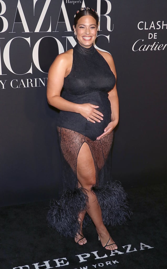 Ashley Graham Pregnant in Black Feather Dress By 16Arlington