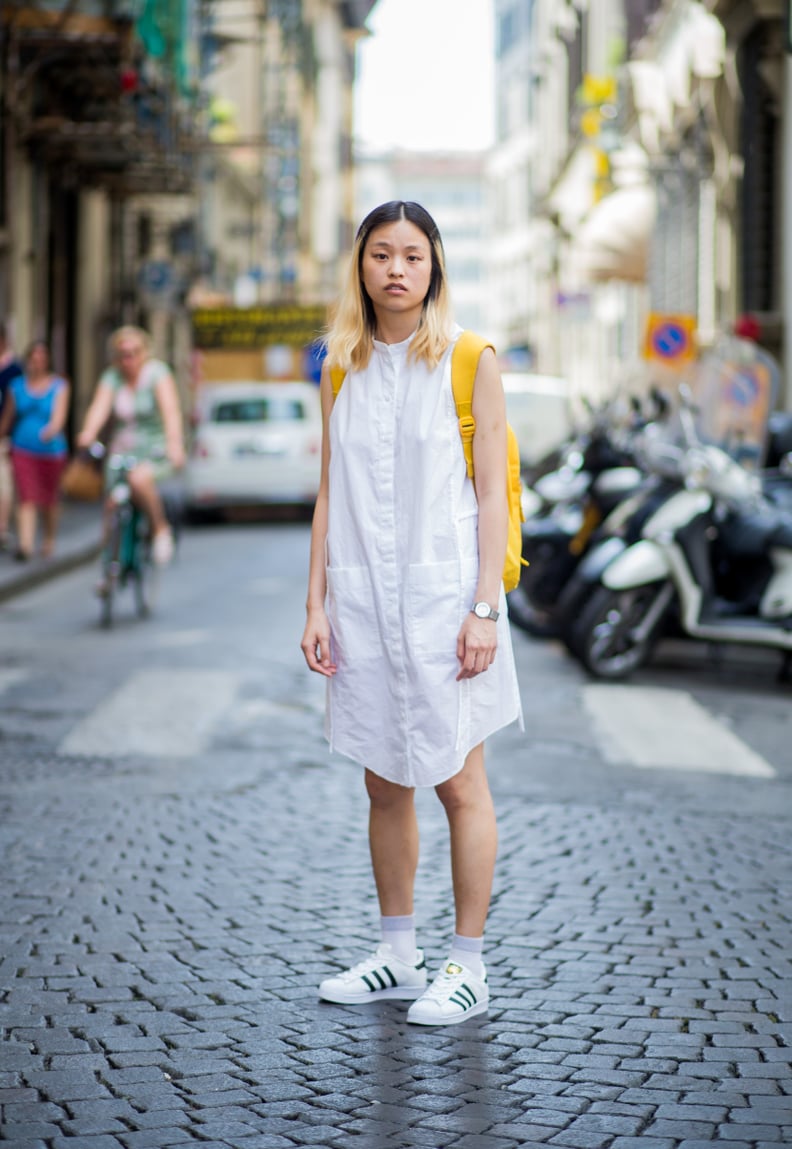 Wear a White Button-Down Dress and Style Your Sneakers With Ankle Socks