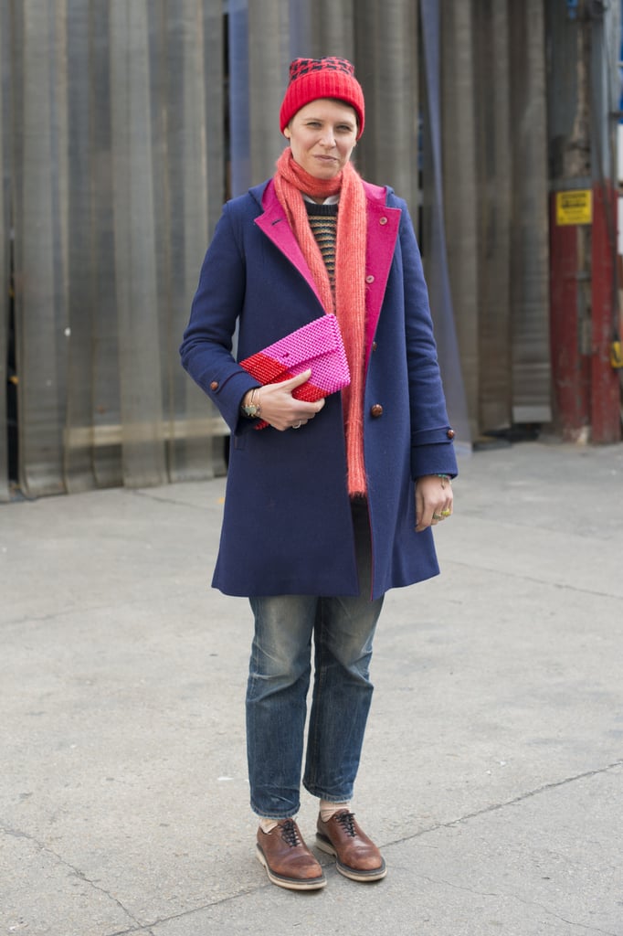 Elisa Nalin is practically the poster child for girlie-cum-tomboy style in her megawatt brights and menswear coat.