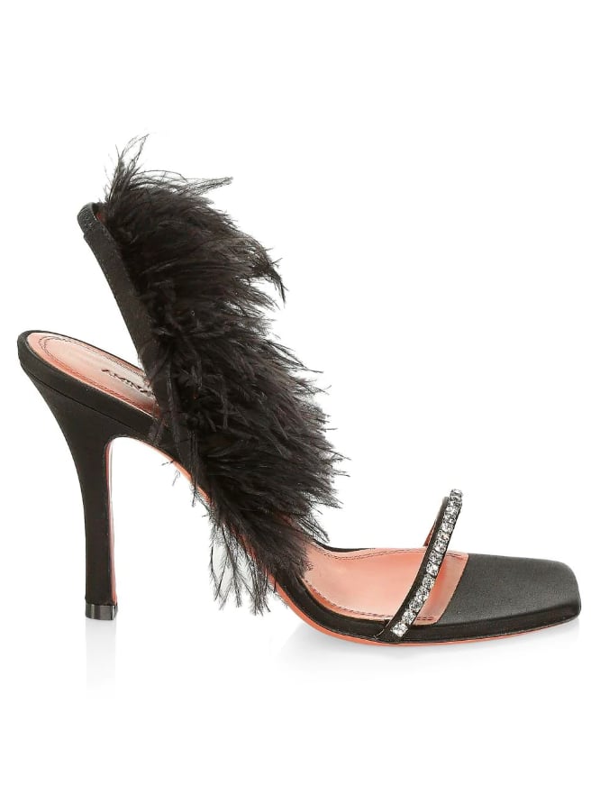 Amina Muaddi Adowa Embellished Feather Satin Sandals