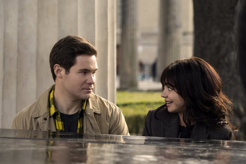 Adam DeVine and Sarah Hyland in Peacock's Pitch Perfect: Bumper in Berlin.