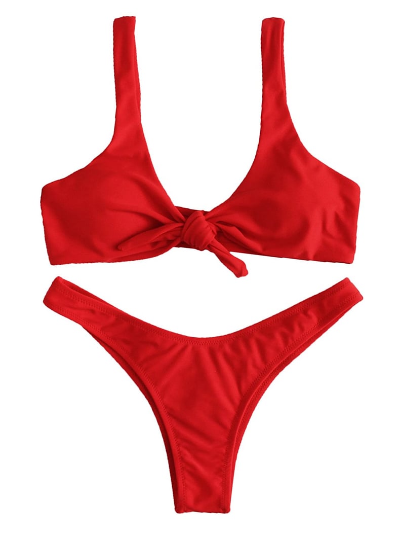 Tie Knot Front Thong Bottom Swimwear Set