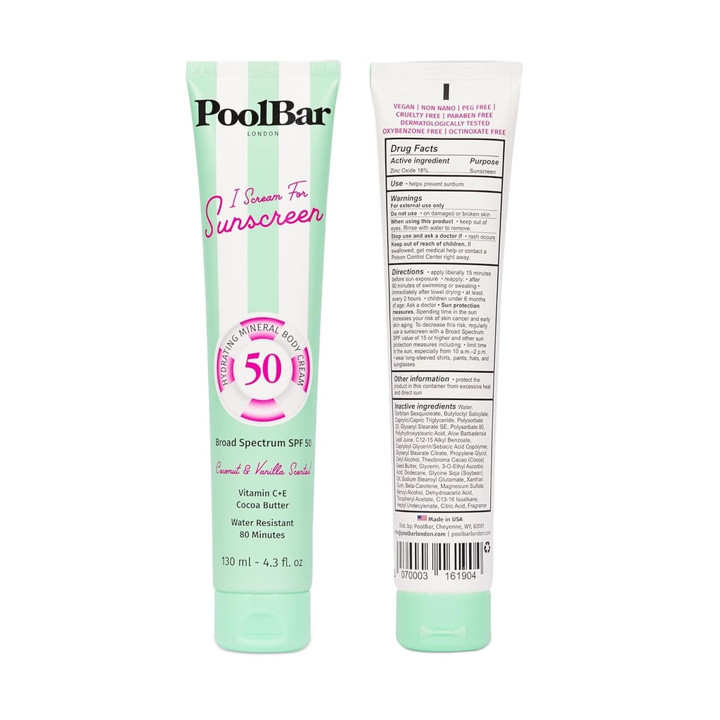PoolBar SPF 50 Hydrating Mineral Body Sunscreen Cream ($11, originally $20)
PoolBar's body sunscreen cream is made with vitamin C and E that work to neutralize damaging free radicals and protect your skin from UVA and UVB rays. It's also infused with cocoa butter, leaving you with a coconut and vanilla scent that you'll never get tired of — perfect for your next vacation.