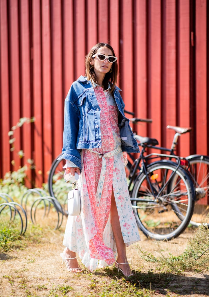 A denim jacket perfectly offsets the sweetness of a floral-print dress.