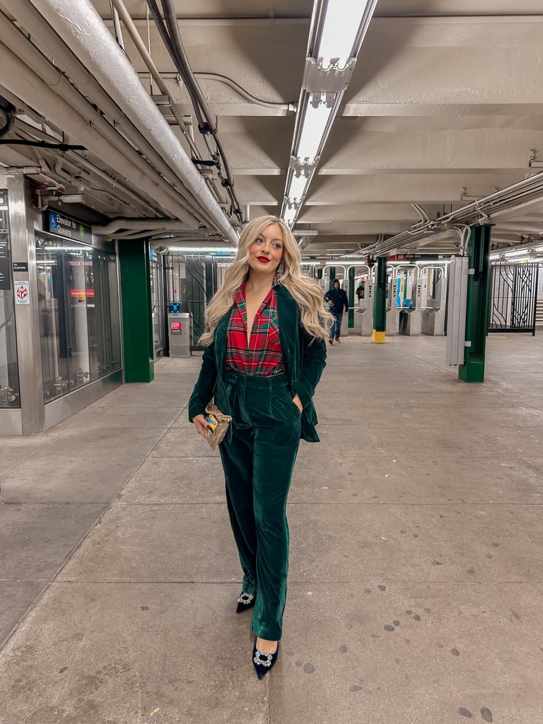 Rach Martino proves the holiday impact of a fab velvet suit with an Old Navy Waffle-Knit Pajama Top ($20) as a festive base.