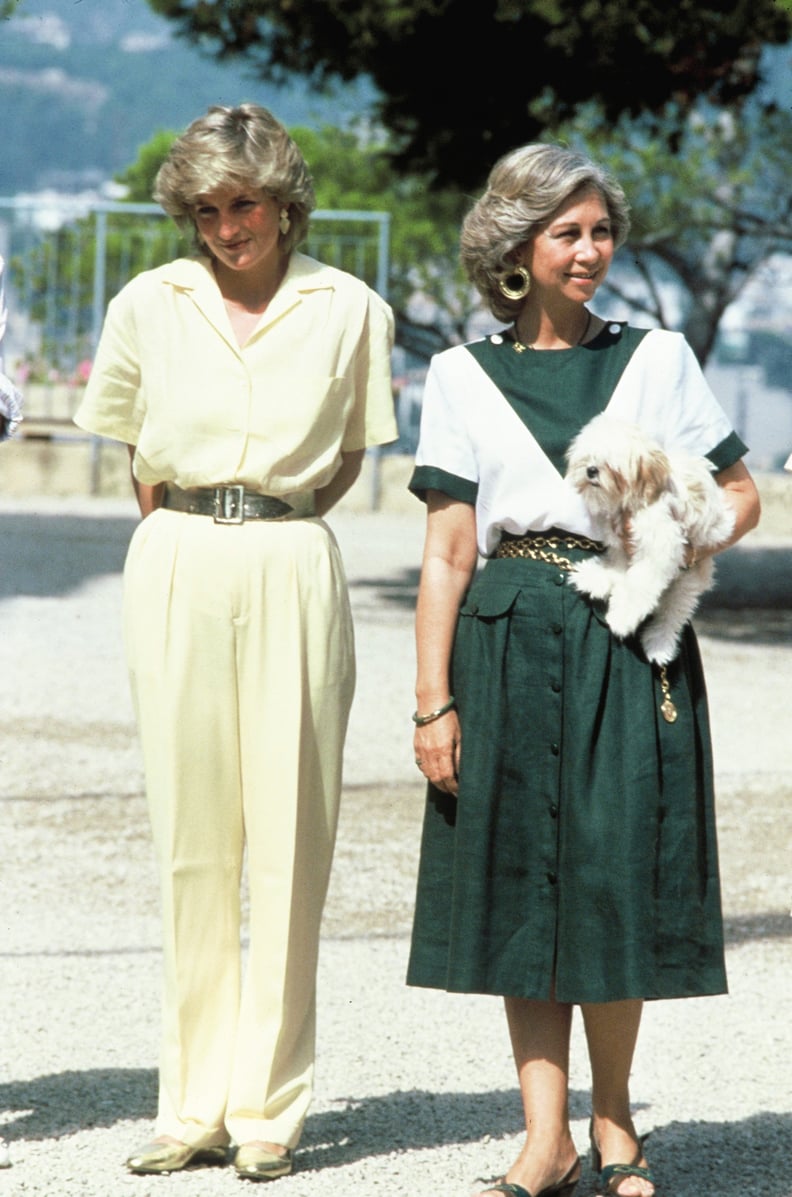 Queen Sofía in a Green and White Dress, August 1987