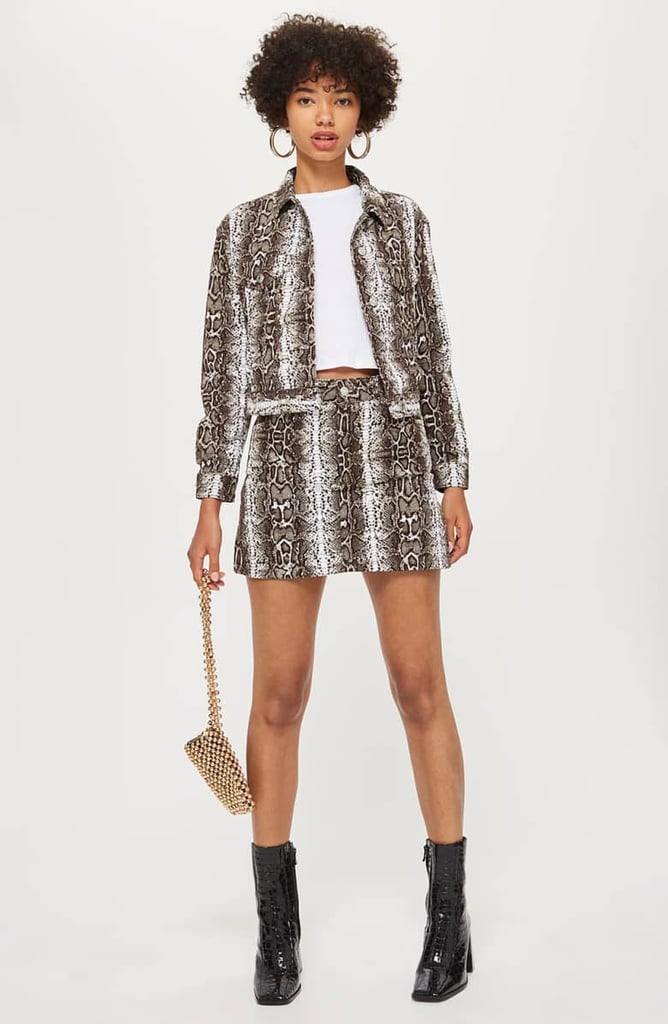 For example, if you're feeling fierce, try an animal print denim jacket ($85) and a matching denim miniskirt ($60) — you'll be tackling two trends at once with the snakeskin!