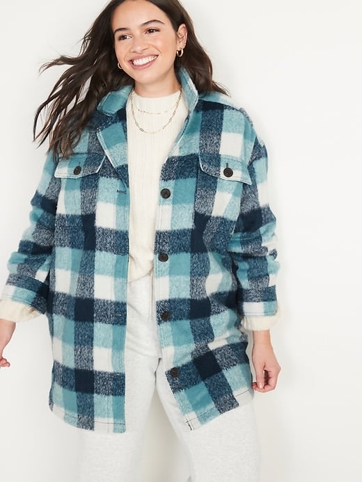 Old Navy Printed Flannel Long Utility Shacket in Blue Plaid