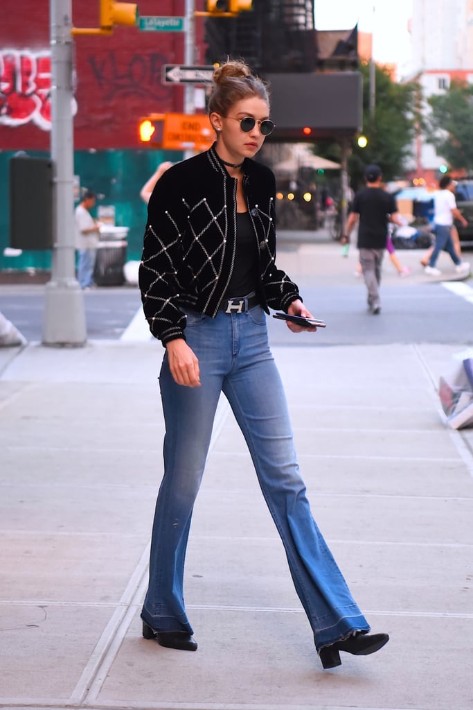 Gigi Chose to Wear Flares and a Black Bomber That Matched Her Shirt