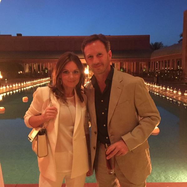 Geri Halliwell tweeted this picture from the party, showing a cute moment with her fiancé, Christian Horner. "Happy birthday David B , life begins at 40. Great party," she wrote.