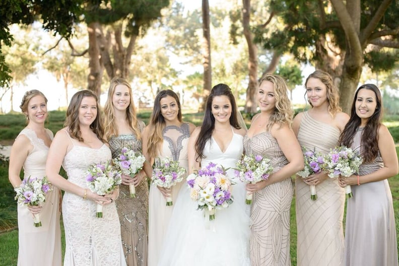 Bridesmaids dresses with metallic details add glamour.