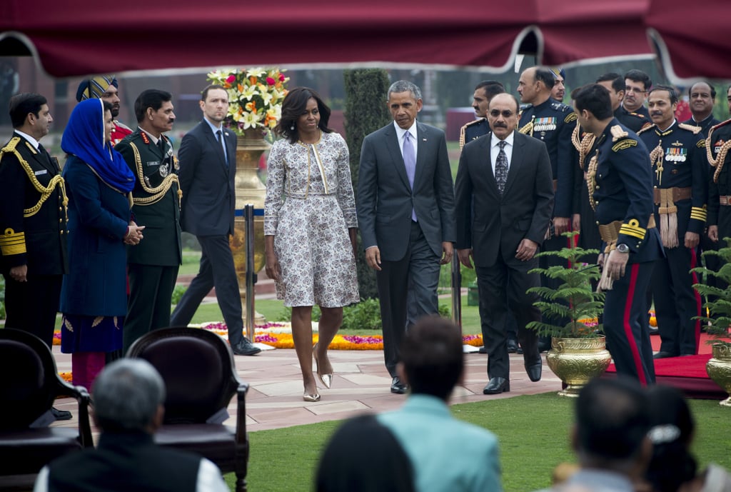 Michelle Opted For a Ladylike Dress Set and Metallic Gold Flats For a Reception