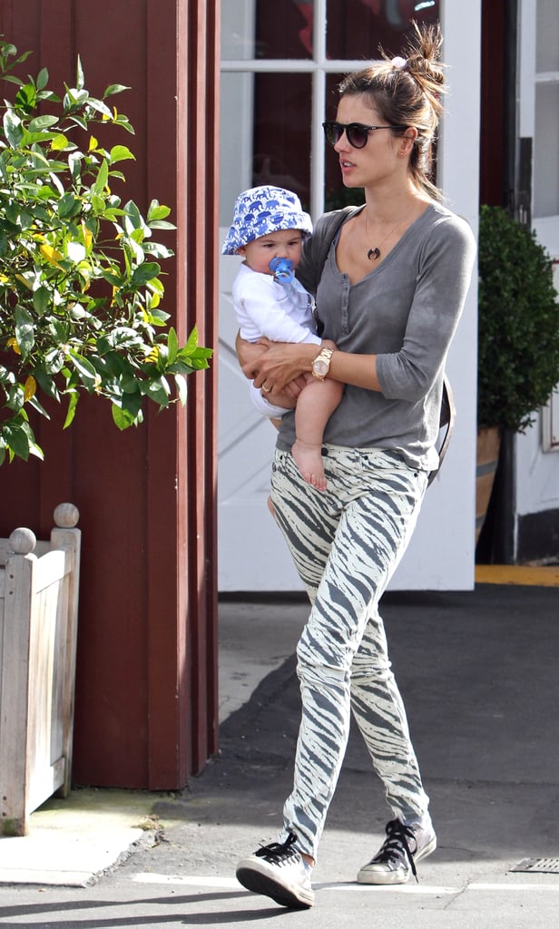 Alessandra Ambrosio's zebra-print denim stood out while on mommy duty in LA.