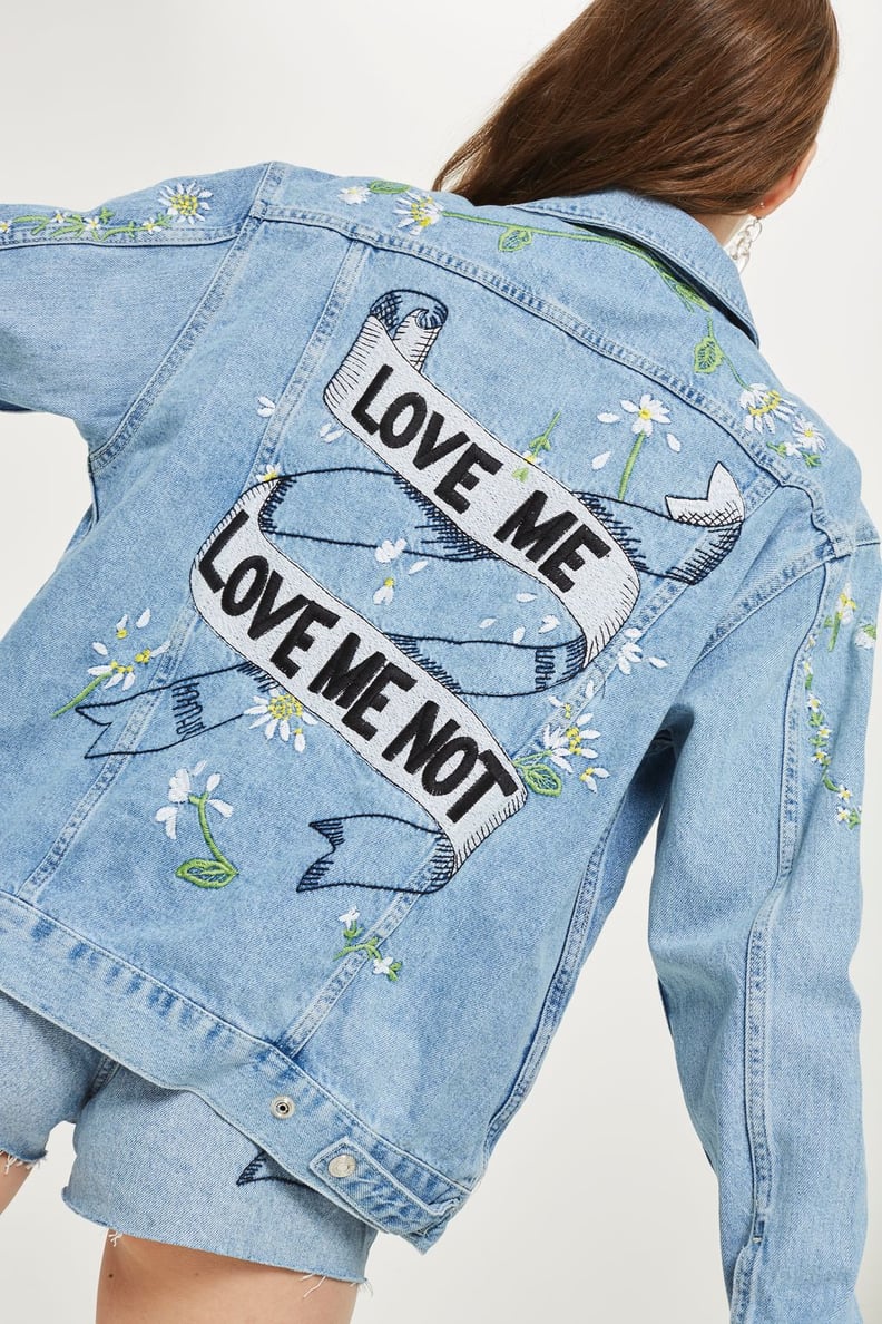 Topshop 'Love Me Not' Embroidered Denim Jacket