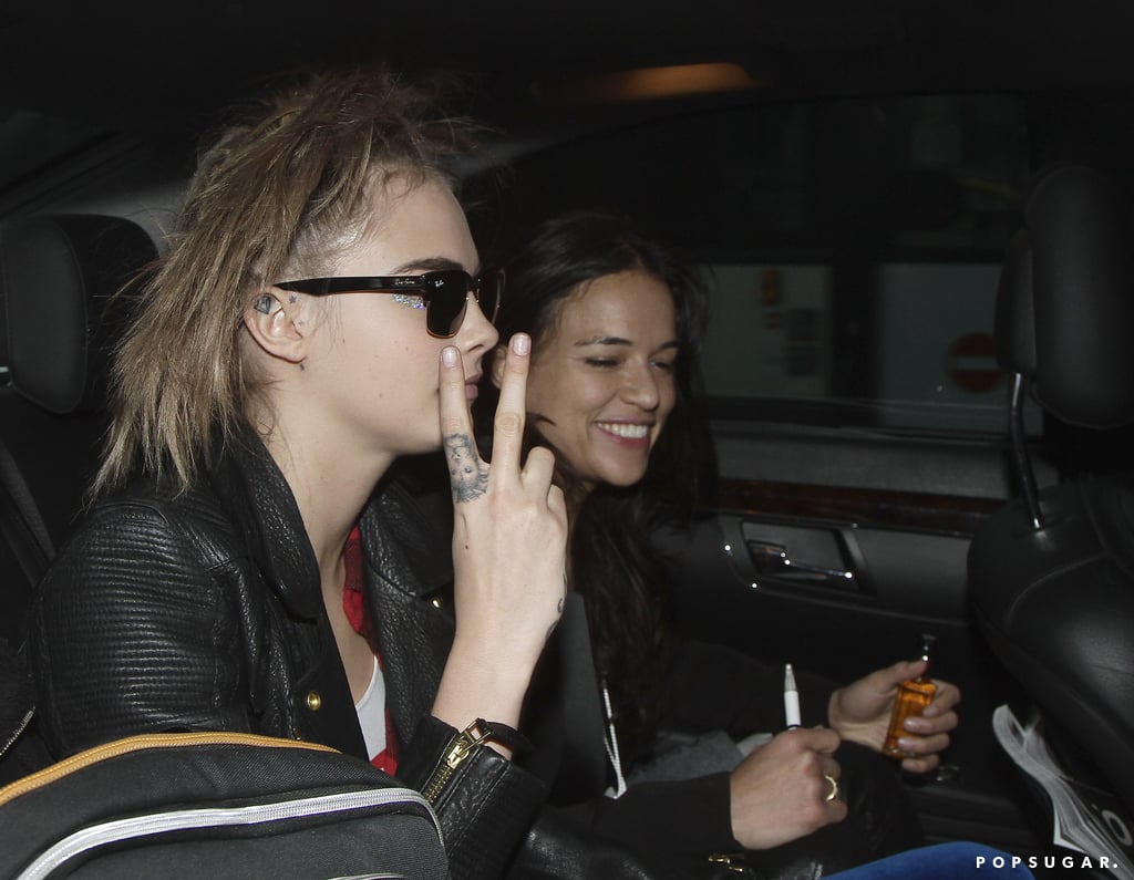 Cara Delevingne and Michelle Rodriguez started the party in their car.
