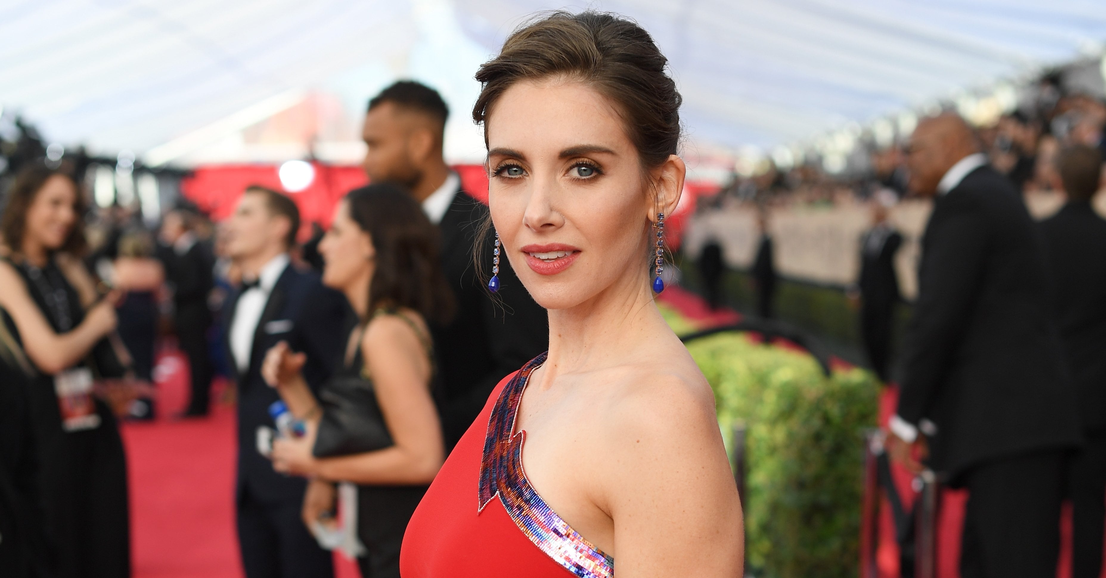 alison brie red dress Alison Brie Goes Bold in Red Minidress at 'Spin Me Round' Screening
